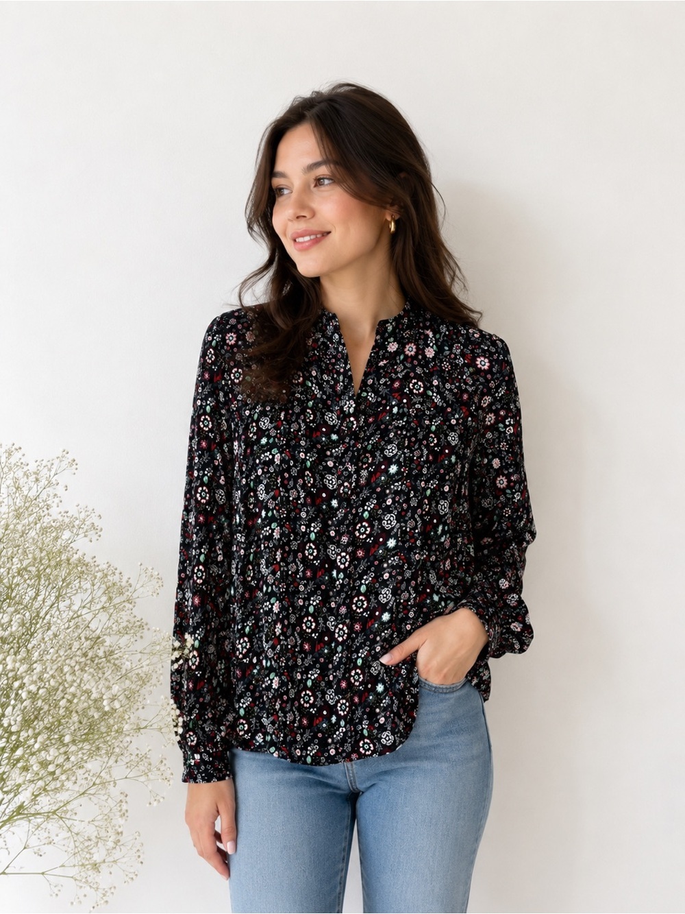 LOFT XL Black Floral Button Front Blouse Long Sleeve Lightweight Size XL